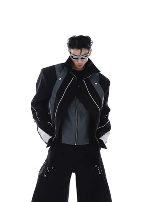 Patchwork PU Leather Cropped Jacket | Relaxed Fit - Black