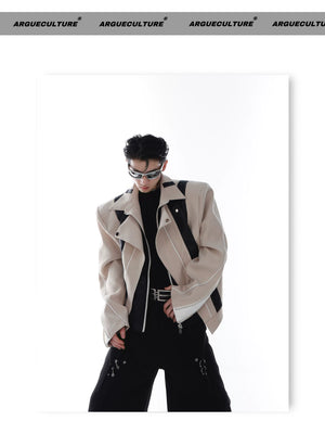 Patchwork PU Leather Cropped Jacket | Relaxed Fit - Khaki