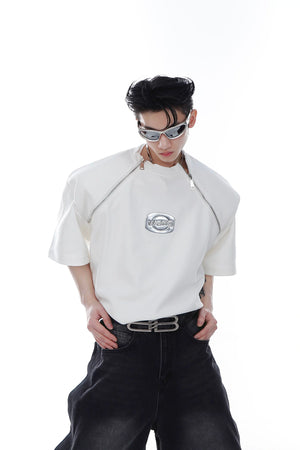 Relaxed Cotton Shoulder-Pad Zip-Detail T-Shirt - White