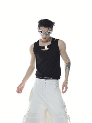 Metal Buckle Double-Layer Tank Top | Sleeveless - Black