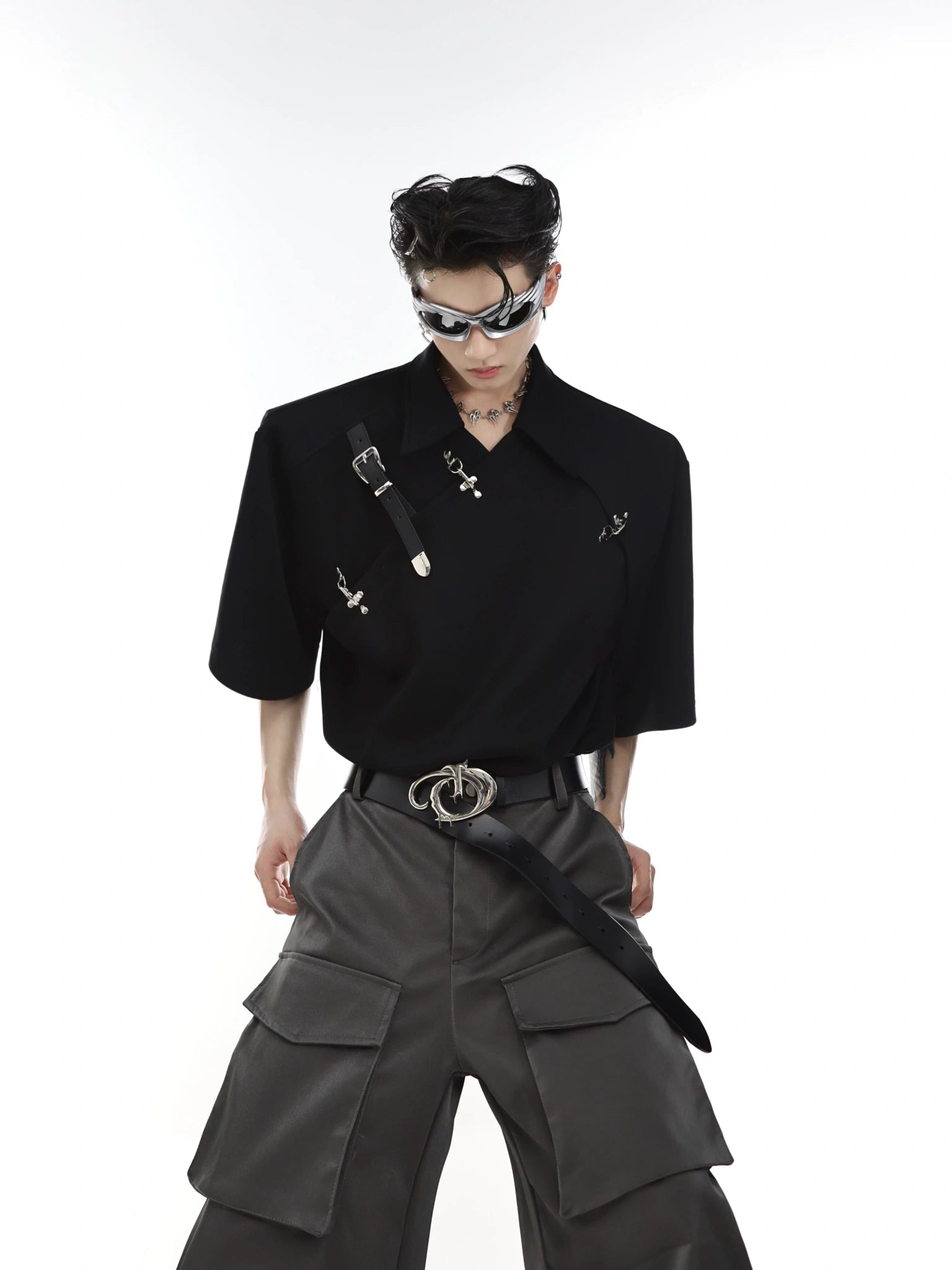 Asymmetrical Cotton Polo Shirt with Metal Buckle - main image 2