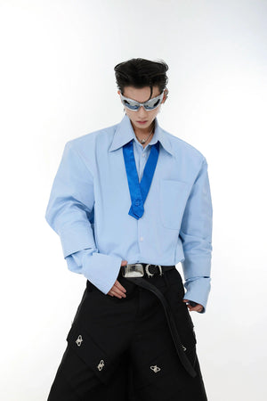 Relaxed Double-Cuff Shirt with Detachable Satin Tie - Blue