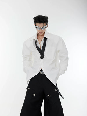 Relaxed Double-Cuff Shirt with Detachable Satin Tie - White