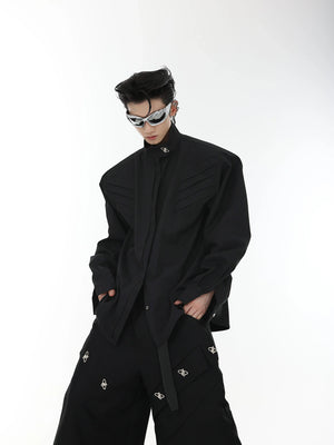 Pleated Stand-Collar Shirt in Black & White | Relaxed Fit - main image 1