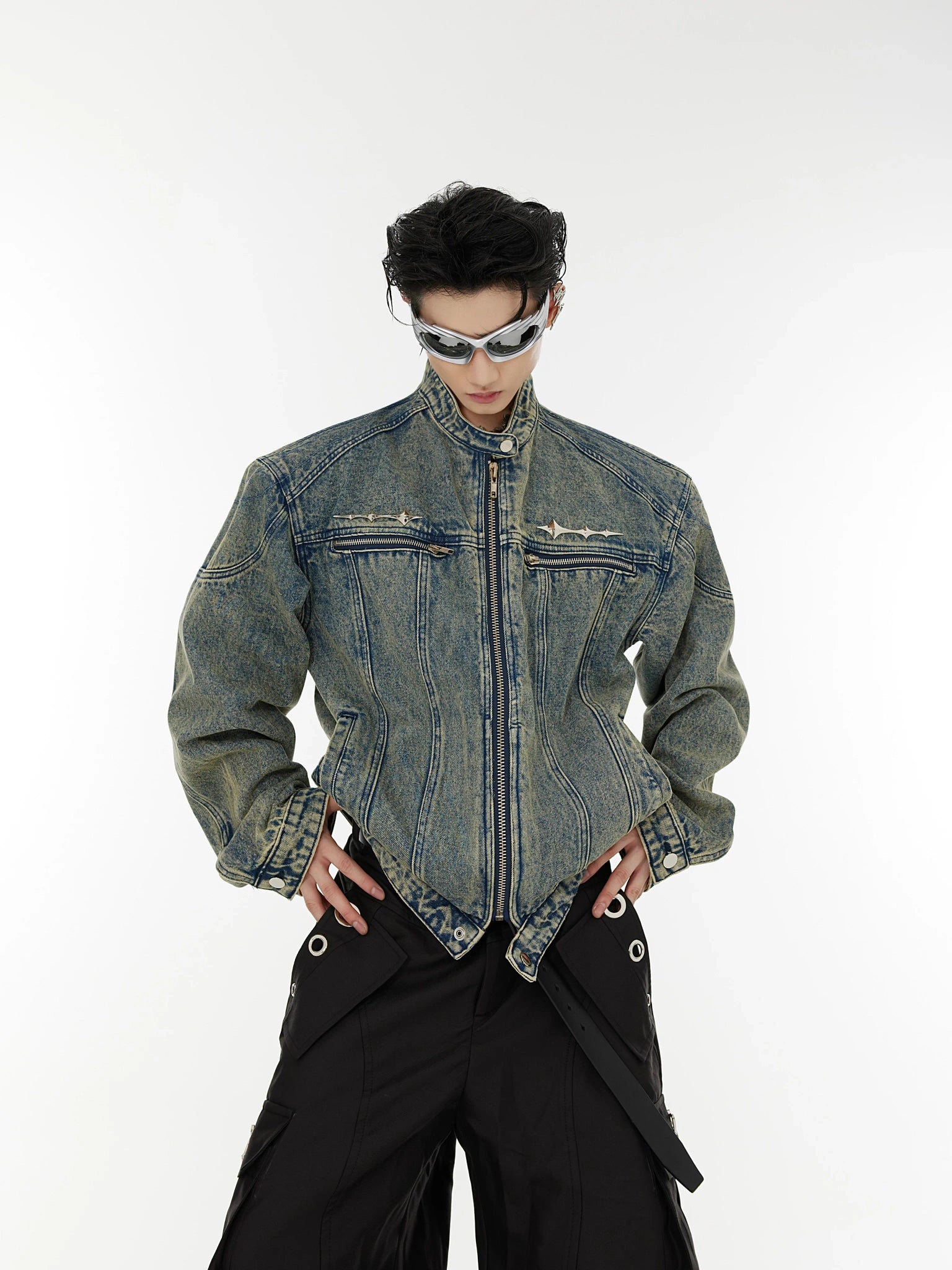 Washed Cropped Denim Jacket with Metal Details | Black & Blue - main image 2