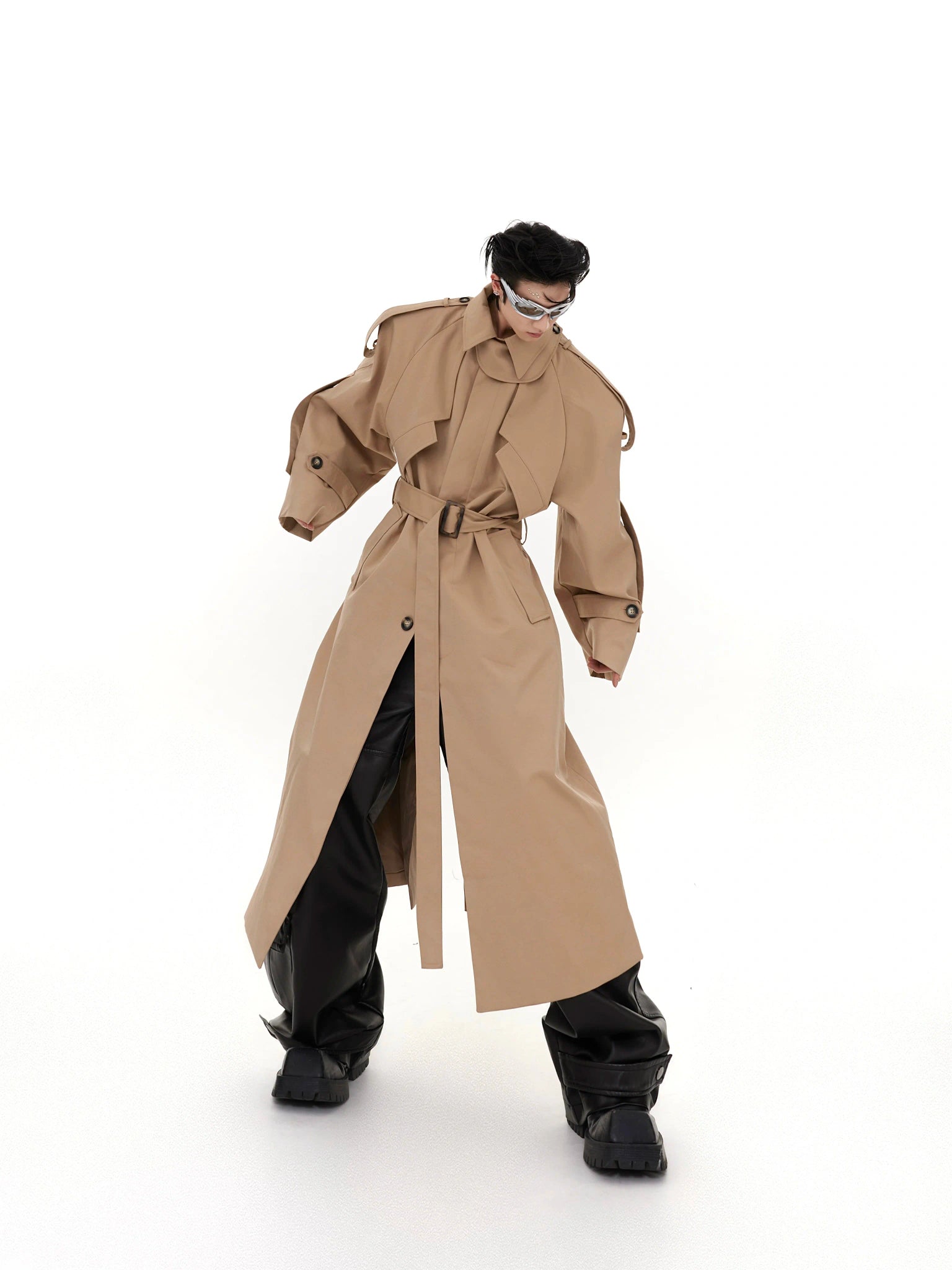 Deconstructed Long Overcoat | Black or Khaki Polyester - main image 1