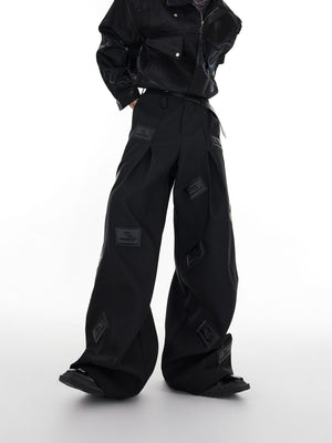 Black Wide-Leg Tailored Trousers with Embossed Detail - main image 4