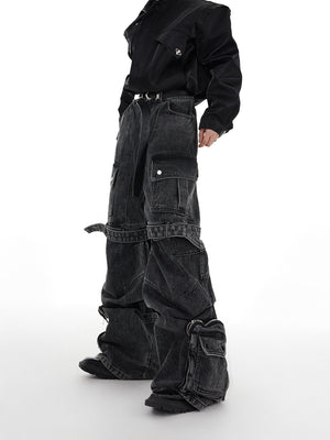 Black Gray Multi-Pocket Wide-Leg Utility Jeans - main image 3