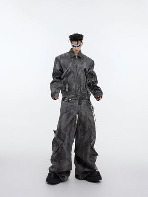 Distressed Gray Denim Utility Jacket and Pants Set - main image 1