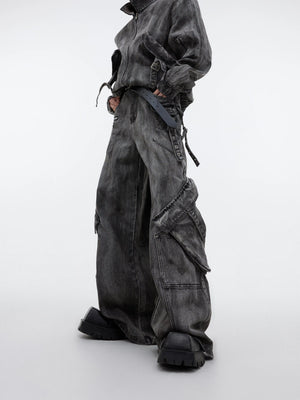 Distressed Gray Denim Utility Jacket and Pants Set - Gray 2