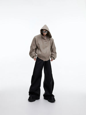 Asymmetric Zip Hooded Faux Leather Jacket, Loose Fit - main image 4