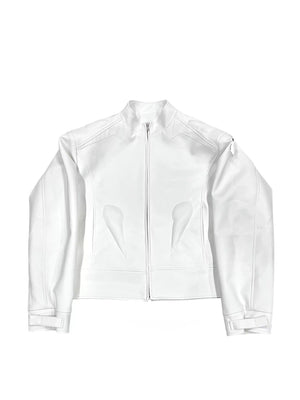 Cropped PU Leather Jacket with Metal Graphic Detail - White