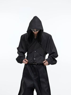 Loose V-Neck Hooded Button-Front Cotton Shirt - main image 2