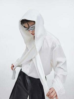 Loose V-Neck Hooded Button-Front Cotton Shirt - main image 3