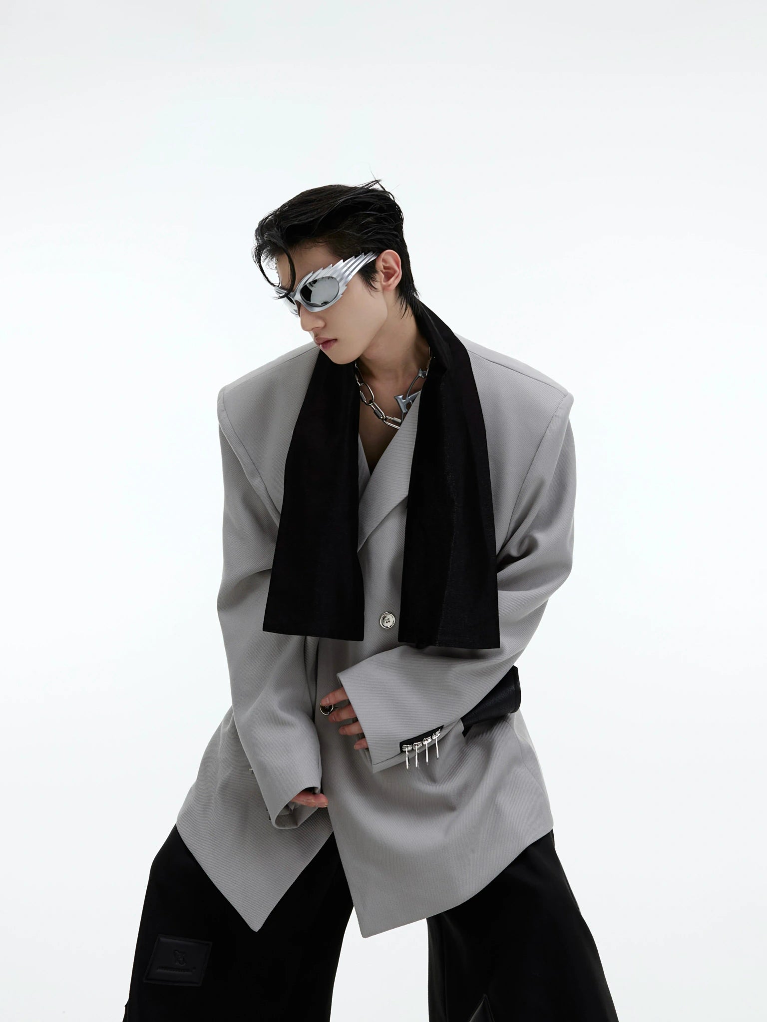 Color-Blocked Tie-Panel Double-Breasted Blazer - main image 2