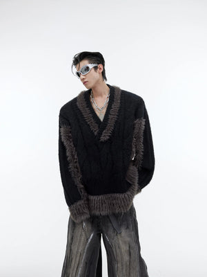 Color-Block Plush Knit V-Neck Sweater for Layering - main image 1
