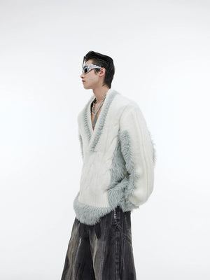 Color-Block Plush Knit V-Neck Sweater for Layering - White