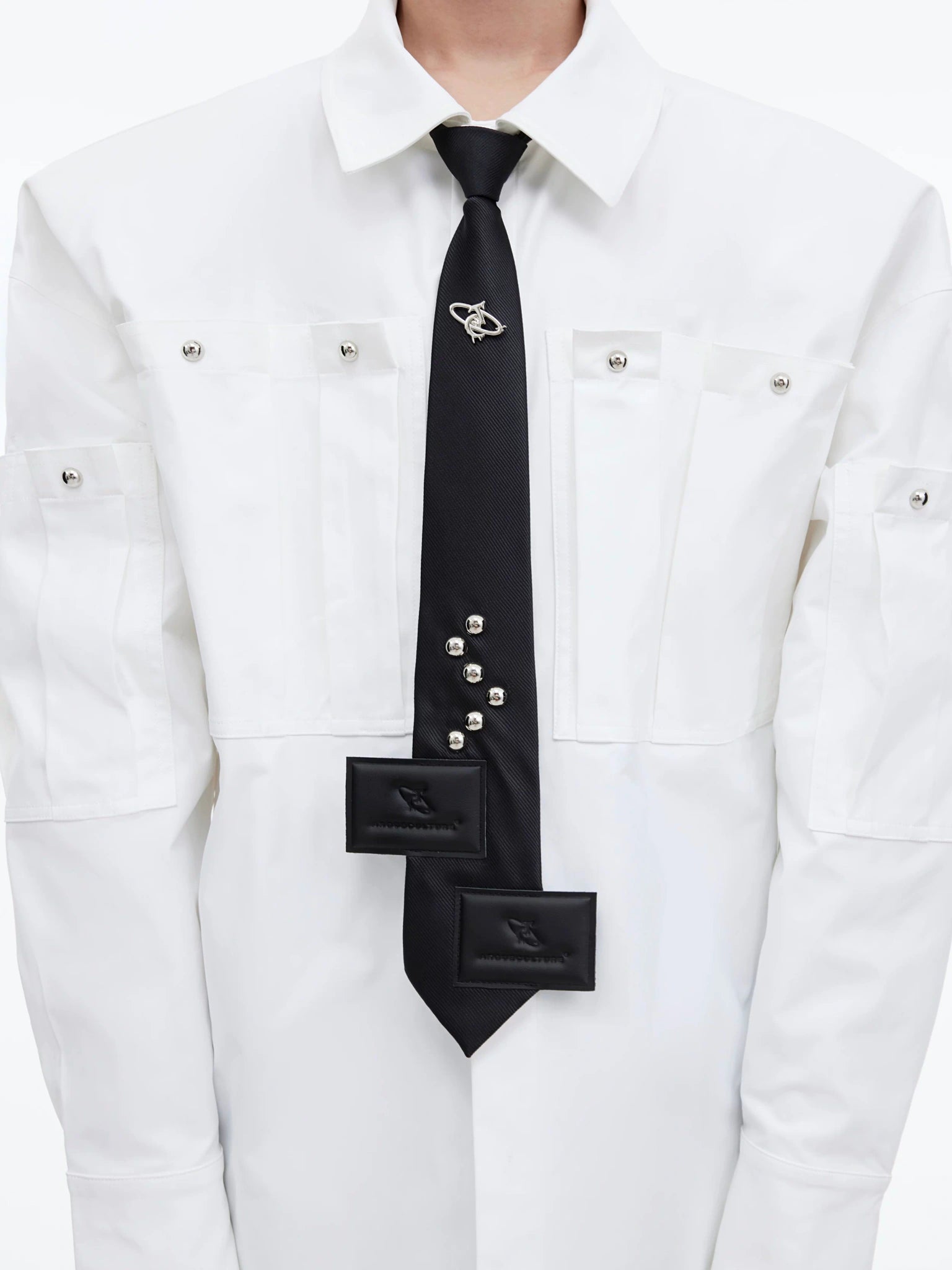 Black Adjustable Polyester Arrow Necktie | Metal Logo - main image 1