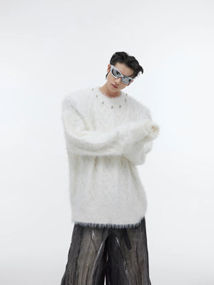 Relaxed Metal-Button Crewneck Knit Sweater - main image 4