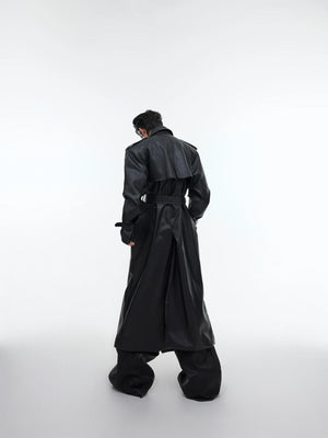 Deconstructed PU Leather Long Coat | Double-Breasted - main image 4