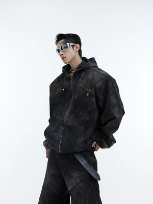 Deconstructed Black Hooded Denim Jacket with Metal Details - Black Jacket