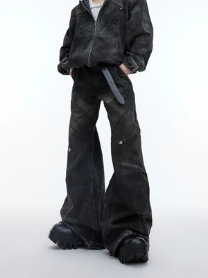 Deconstructed Black Hooded Denim Jacket with Metal Details - Black Pants