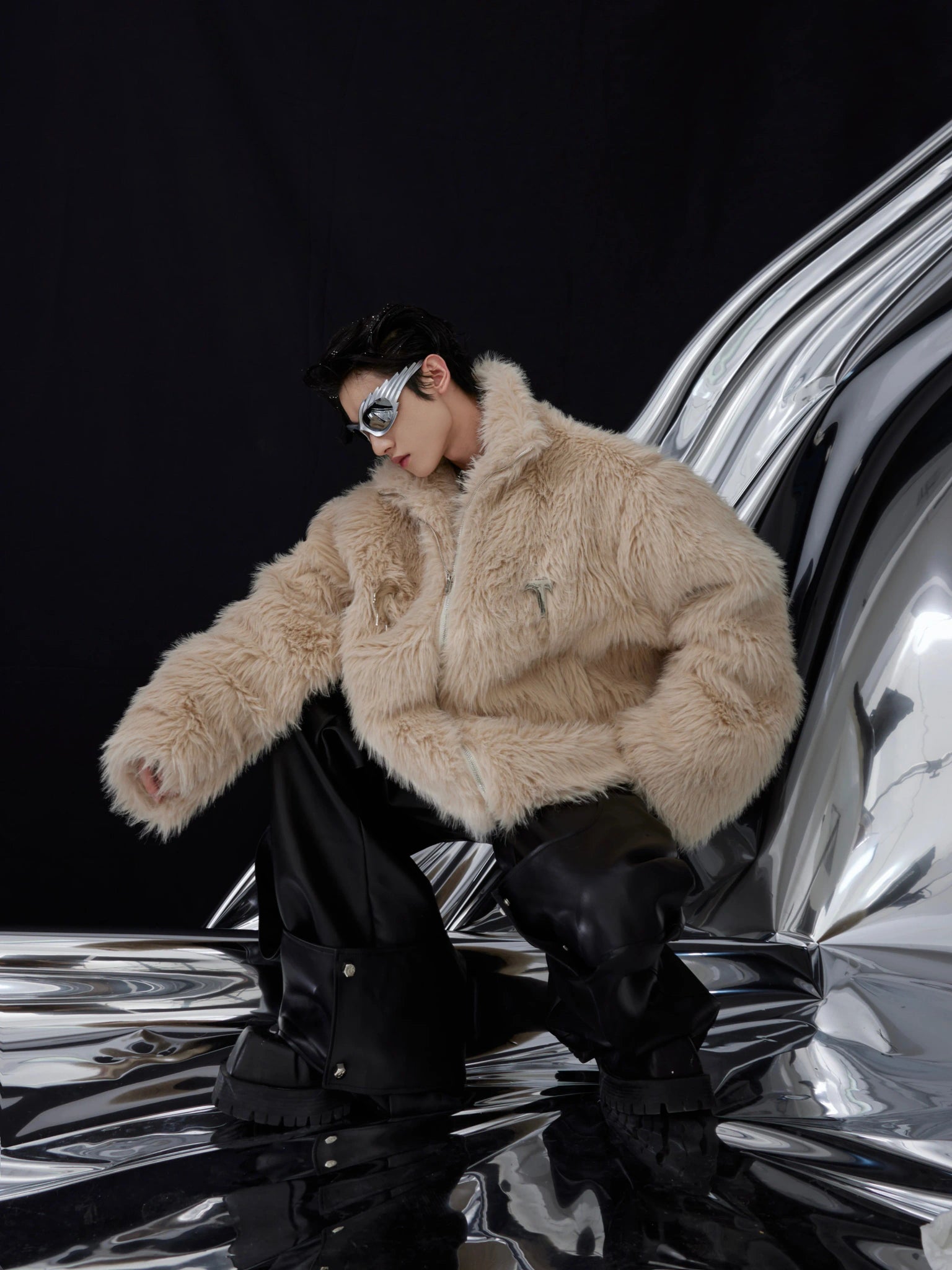 Cropped Faux-Fur Zip Jacket with Stand Collar - main image 2