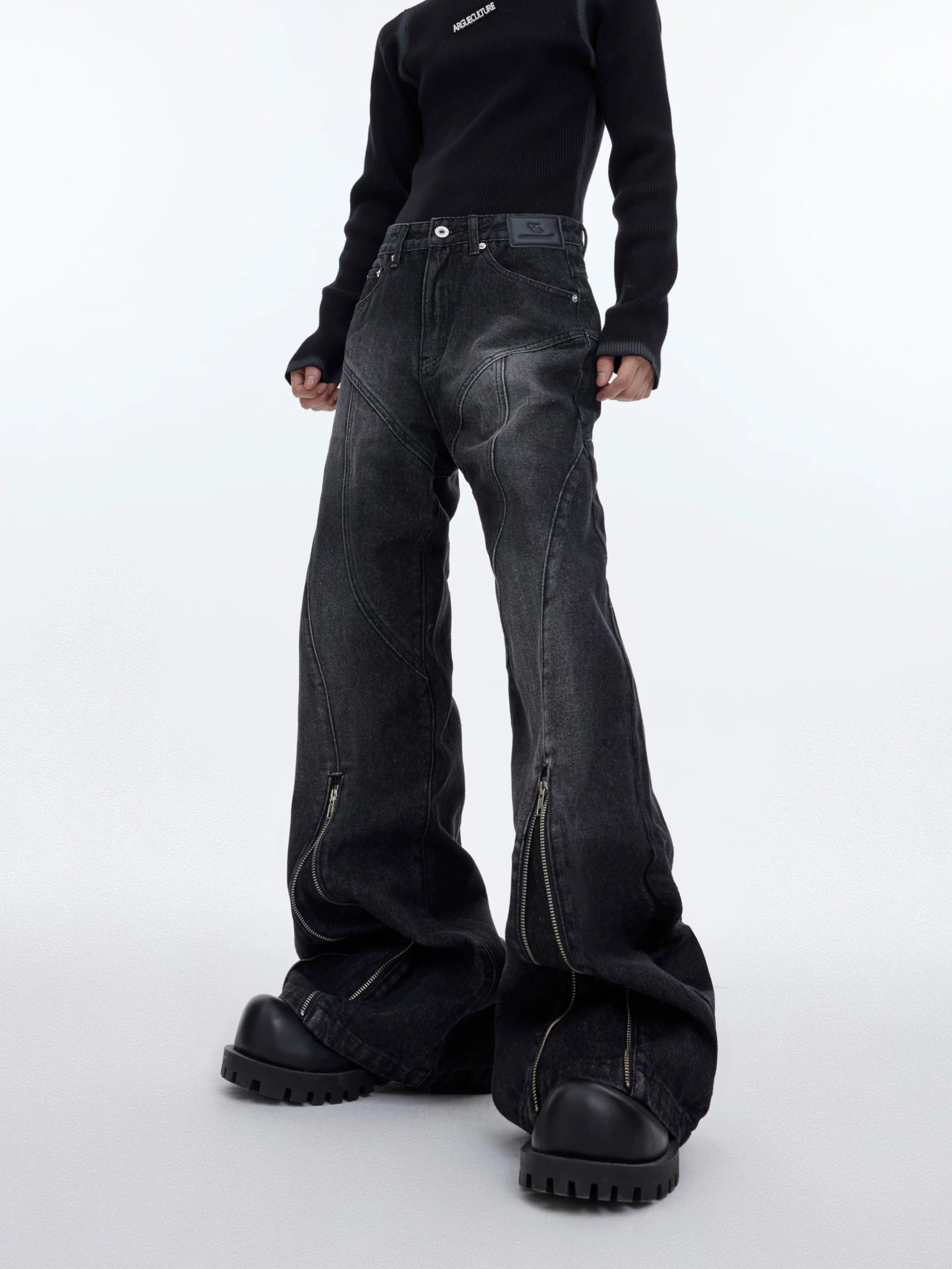 Washed Distressed Flare Jeans with Cuff Zippers - main image 1