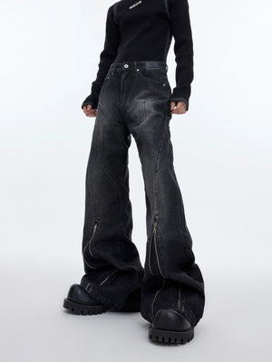 Washed Distressed Flare Jeans with Cuff Zippers - main image 1