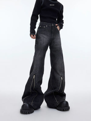 Washed Distressed Flare Jeans with Cuff Zippers - main image 3
