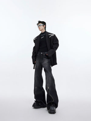 Washed Distressed Flare Jeans with Cuff Zippers - main image 5