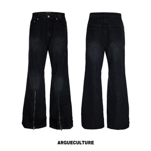 Washed Distressed Flare Jeans with Cuff Zippers - Black Gray Pants
