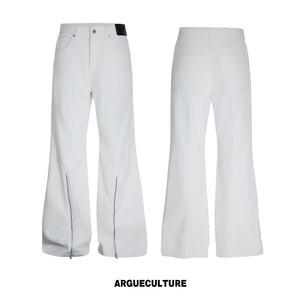 Washed Distressed Flare Jeans with Cuff Zippers - White Pants