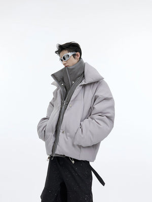 Liquid Sheen Layered Padded Jacket | Relaxed Fit - Gray Top