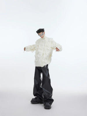 Fringe Jacquard Zip Sweater with Stand Collar - main image 4