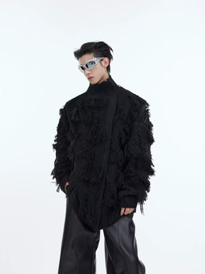 Fringe Jacquard Zip Sweater with Stand Collar - Black Long