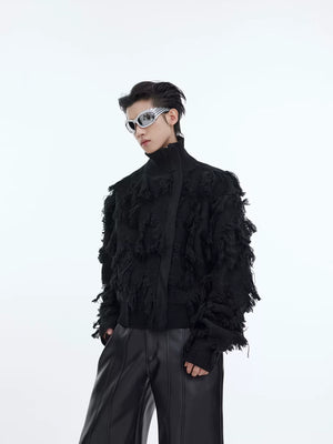 Fringe Jacquard Zip Sweater with Stand Collar - Black Short Women's