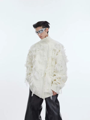 Fringe Jacquard Zip Sweater with Stand Collar - White Long