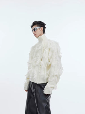Fringe Jacquard Zip Sweater with Stand Collar - White Short Women's