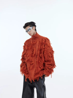 Fringe Jacquard Zip Sweater with Stand Collar - Orange Long