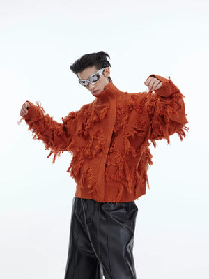 Fringe Jacquard Zip Sweater with Stand Collar - Orange Short Women's