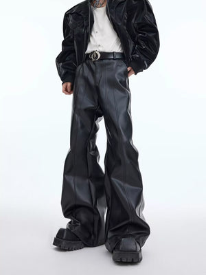 PU High-Waisted Deconstructed Slight-Flare Pants - Black