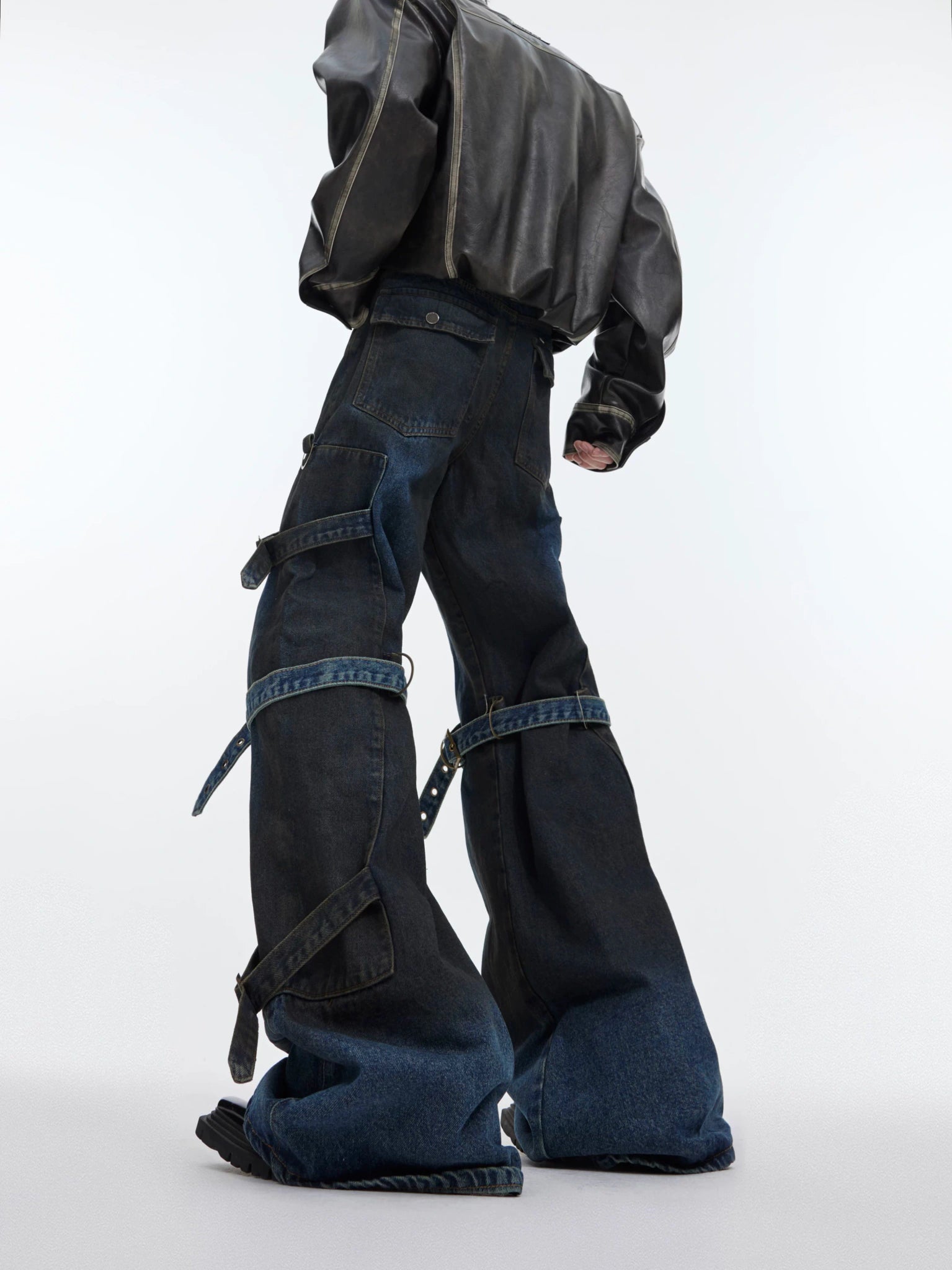 Washed Deconstructed Strap Jeans – Relaxed Flare Fit - main image 2