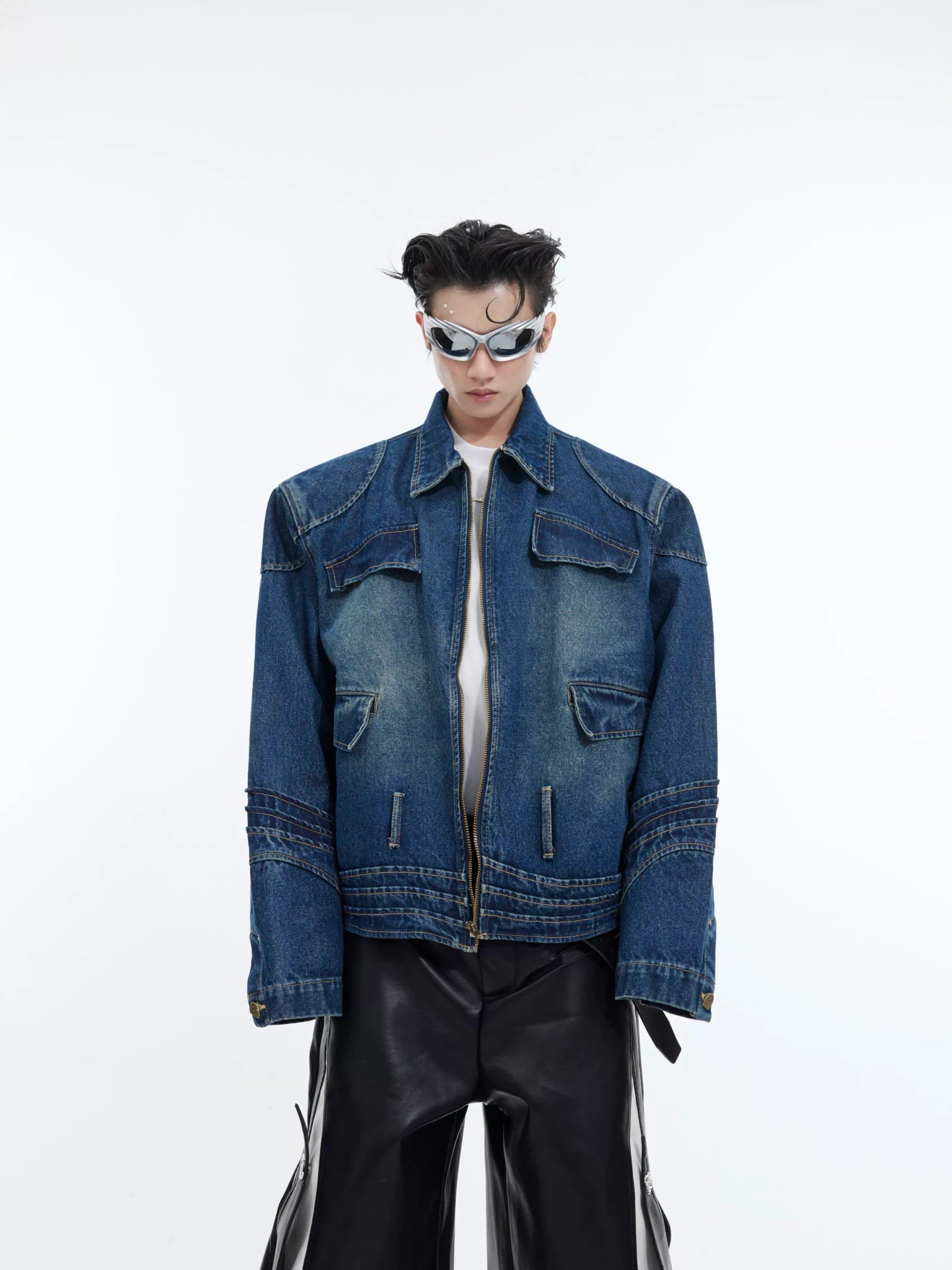Oversized Deconstructed Washed Denim Jacket | Metal Trim - main image 1