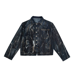 Distressed Painted Denim Jacket with Metal Rivets - Blue Jacket