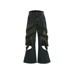 Washed Cutout Flared Utility Jeans | Wide-Leg Denim - Blue