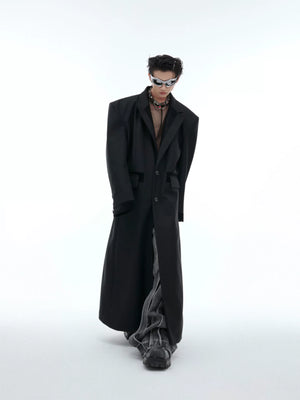 Black Spliced Long Overcoat with Notched Lapel Detail - main image 1