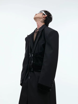 Black Spliced Long Overcoat with Notched Lapel Detail - main image 4