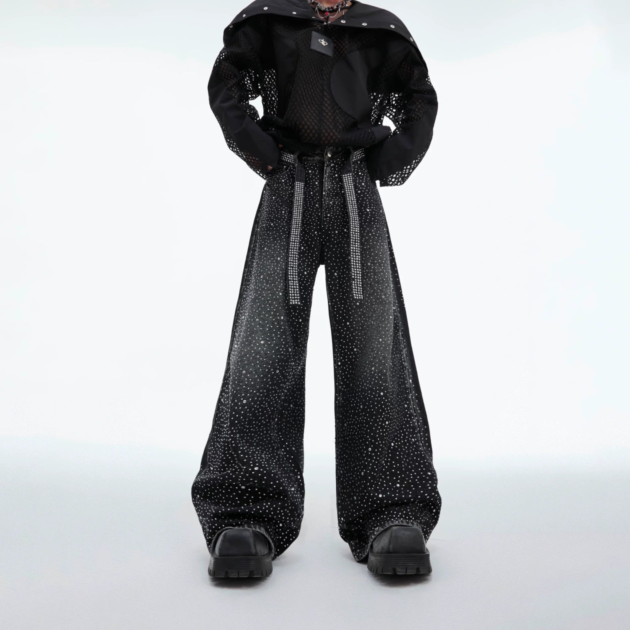 Crystal-Detail Relaxed Straight-Leg Washed Jeans - main image 1