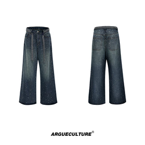 Crystal-Detail Relaxed Straight-Leg Washed Jeans - Blue